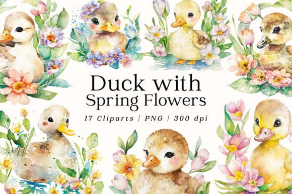 Download Baby Duck with Spring Flowers Watercolor - Watercolor Collection