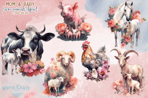 Download Mom&amp;Baby Farm Animals Watercolor Clipart - Animals Collection