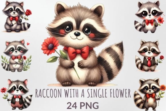 Download Watercolor Raccoon with a Single Flower - Watercolor Collection