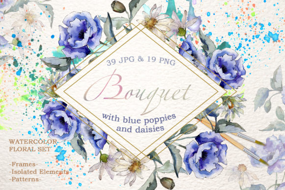 Download Bouquet with Blue Poppies and Daisies Watercolor - Daisies Collection