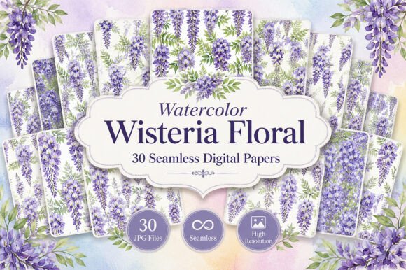 Download Watercolor Wisteria Floral Digital Paper - Watercolor Collection