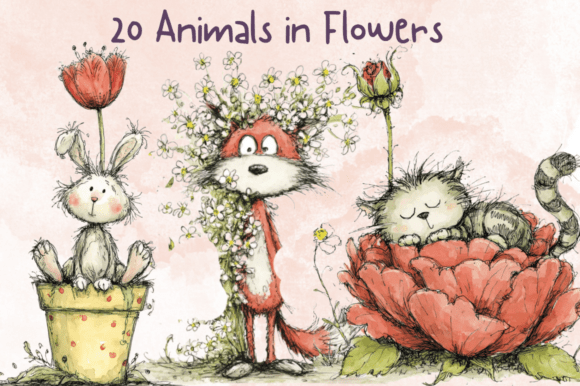 Download Whimsical Animals in Flower Clipart Set - Animals Collection