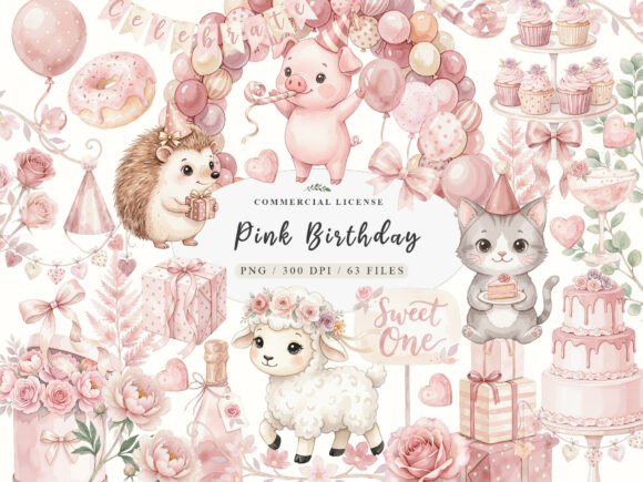 Download Watercolor Pink Birthday Clipart Bundle - Watercolor Collection