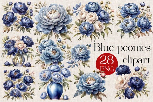 Download 28 Blue Peonies Watercolor Clipart - Watercolor Collection