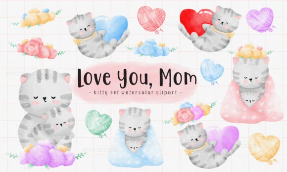 Download Love Mom Cat Watercolor Clipart - Watercolor Collection
