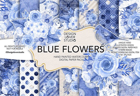 Download Watercolor BLUE FLOWERS Digital Paper Pa - Watercolor Collection