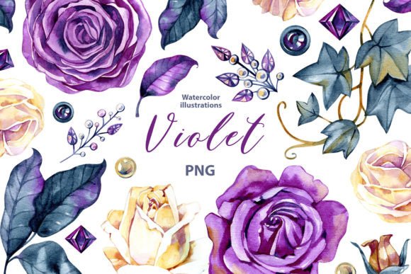 Download Watercolor Violet Roses and Gems Clipart - Watercolor Collection
