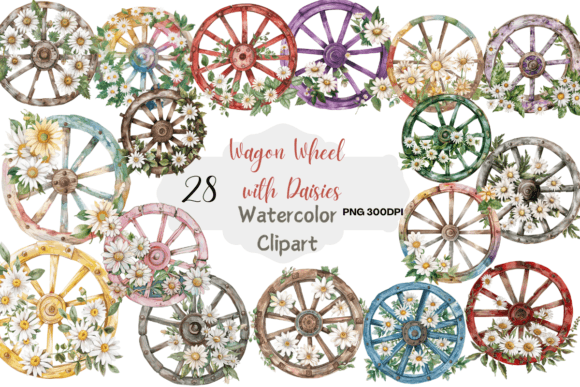 Download Vintage Wagon Wheel with Daisies Clipart - Daisies Collection