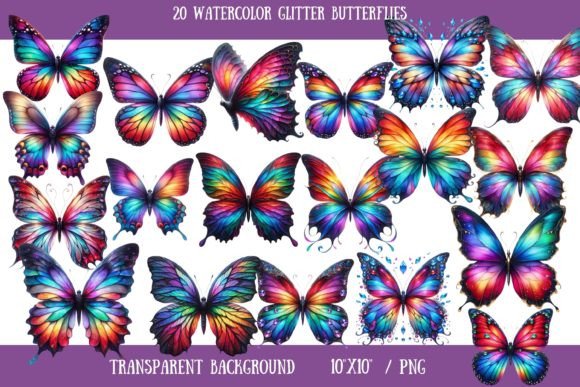 Download Watercolor Glitter Rainbow Butterflies - Watercolor Collection