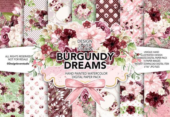 Download Watercolor BURGUNDY DREAMS Digital Paper - Watercolor Collection