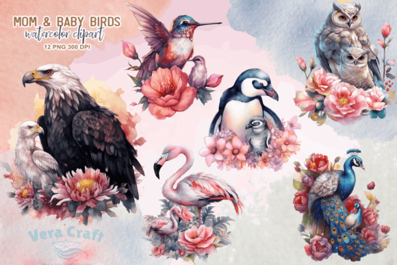 Download Mom &amp; Baby Birds Watercolor Clipart PNG - Watercolor Collection