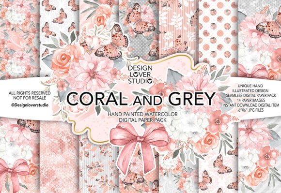 Download Watercolor CORAL and GREY Digital Paper - Watercolor Collection