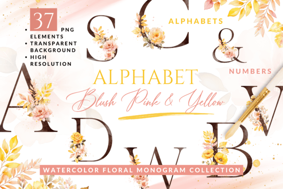 Download Watercolor Pink &amp; Yellow Floral Alphabet - Watercolor Collection